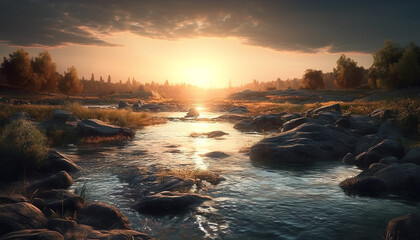 Tranquil scene sunset over mountain, reflecting on water generated by AI