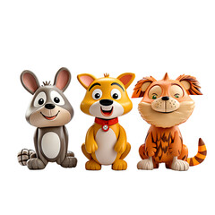 cutout set of 3 cartoon animal toys characters isolated on a transparent background