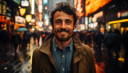 Fototapeta premium A confident man walking in the city, smiling at camera generated by AI