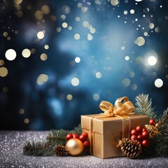 Naklejka na ściany i meble Festive Flat Layout: Christmas Decorations, Gifts, and Radiant Bokeh, ai generated