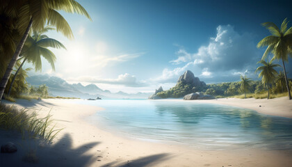 Fototapeta na wymiar Idyllic tropical coastline, palm trees sway, sunset paints nature beauty generated by AI