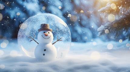 Obraz premium Christmas glass ball on snow with snowman inside. snowman ball in the snow