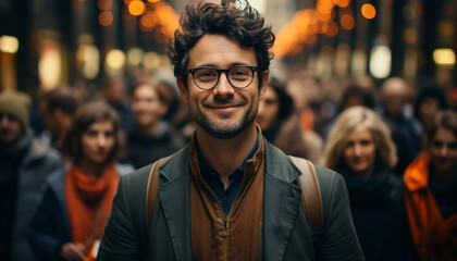Obraz premium man walking in the city, smiling at camera generated by AI