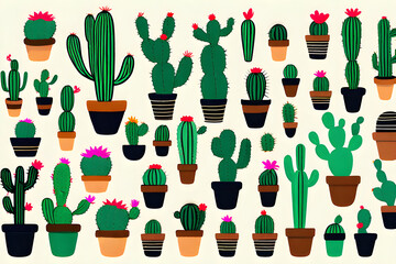 Green cactus pots of various shapes are gathered together. These are long, round cacti. Cute and lovely. Generative AI.