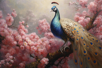 Fototapeta premium A peacock painted with oil paints on flower.