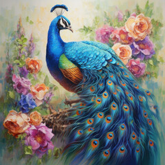 A peacock painted with oil paints on flower.