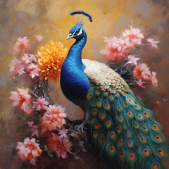 Fototapeta premium A peacock painted with oil paints on flower.