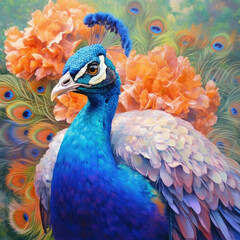 A peacock painted with oil paints on flower.