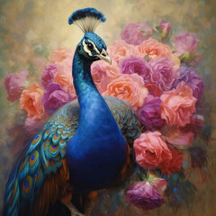 Fototapeta premium A peacock painted with oil paints on flower.