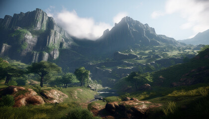 Fototapeta premium Majestic mountain peak, green meadow, tranquil forest, stunning sunset generated by AI