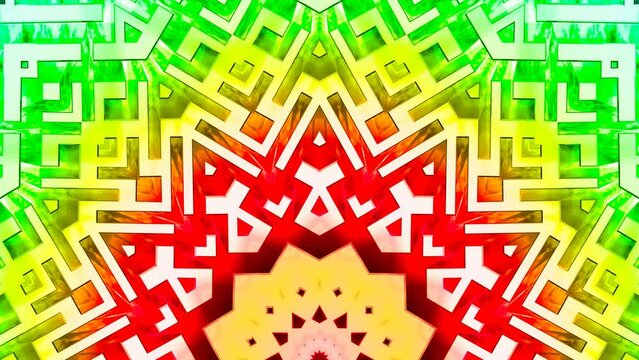 Vivid beams and lines revolving in semicircle. Red, yellow, green background with geometric triangle shapes. Part of abstract round mandala spin deformation, transformation. 4K UHD 4096x2304