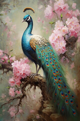 Naklejka premium Beautiful peacock painted with oil paints on flower.