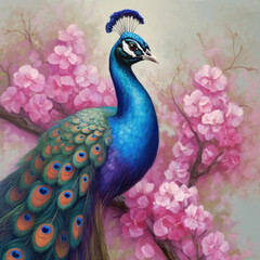 Beautiful peacock painted with oil paints on flower.
