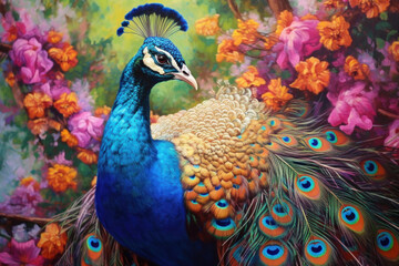 Fototapeta premium Beautiful peacock painted with oil paints on flower.