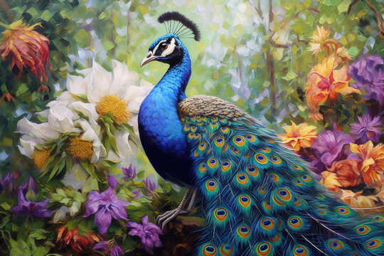 Beautiful peacock painted with oil paints on flower.