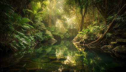 Majestic tropical rainforest, green trees, flowing water, tranquil scene, wildlife generated by AI