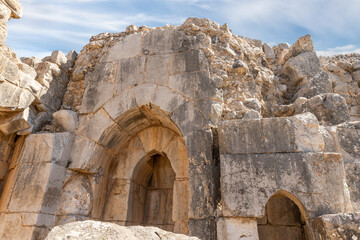 Well-preserved  main gate to ruins of the medieval fortress of Nimrod - Qalaat al-Subeiba, located near the border with Syria and Lebanon in the Golan Heights, in northern Israel