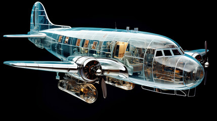Aircraft on transparent, A transparent airplane allows you to see the inside of the plane. - obrazy, fototapety, plakaty