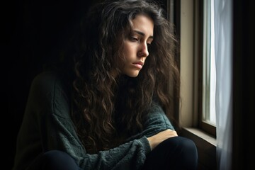Sad and depressed woman sitting near windows. Generative AI