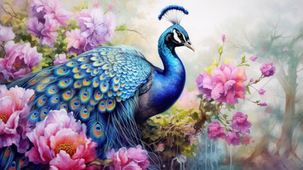 A peacock, Watercolor painting of peacock on flower.