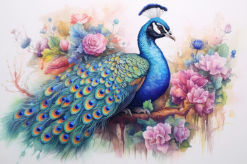 A peacock, Watercolor painting of peacock on flower.