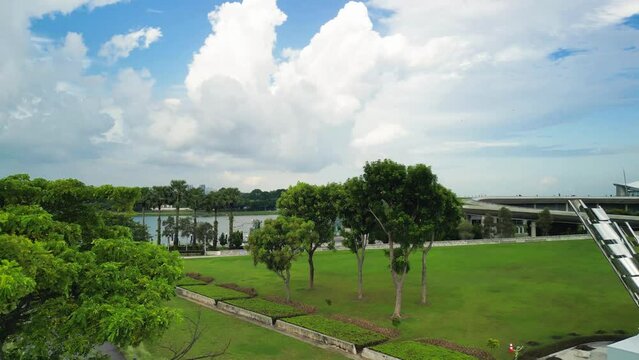 Aerial over park area of Marina Barrage, an impressive engineering marvel and a vital part of Singapore's sustainable development.