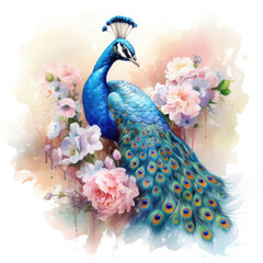 Beautiful Peacock, Watercolor Painting of Peacock on Flower.