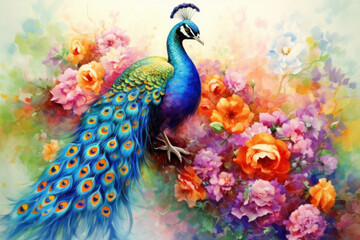 Beautiful Peacock, Watercolor Painting of Peacock on Flower.