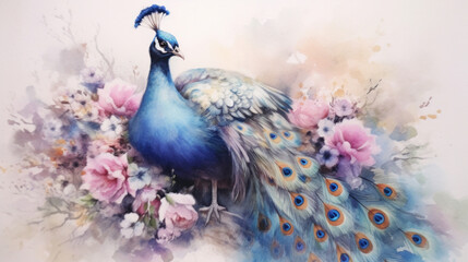 Beautiful Peacock, Watercolor Painting of Peacock on Flower.
