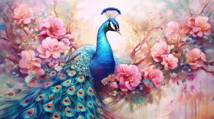 Beautiful Peacock, Watercolor Painting of Peacock on Flower.