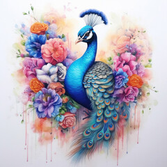 Beautiful Peacock, Watercolor Painting of Peacock on Flower.