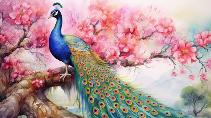Beautiful Peacock, Watercolor Painting of Peacock on Flower.