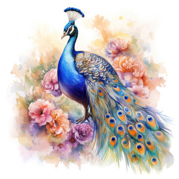 Beautiful Peacock, Watercolor Painting of Peacock on Flower.