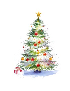 Watercolor abstract christmas tree on white background.