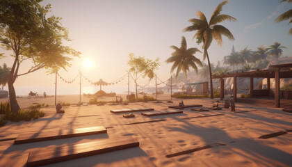 Sunset over a tropical coastline, palm trees, and tranquil seascape generated by AI