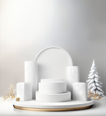 Empty podium with snowy trees & white simple background. calm winter(christmas) atmosphere for product presentation. Mockup for branding, packaging, marketing, web, banner, editorial, printed matter.