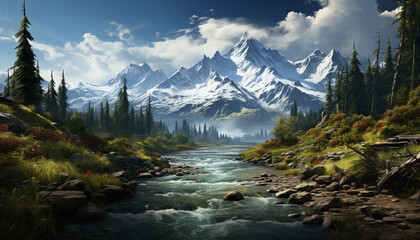Majestic mountain peak reflects in tranquil water, nature beauty generated by AI