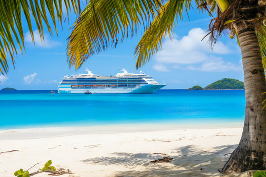 An elegant white cruise ship near a tropical beach with white sand and blue waters
