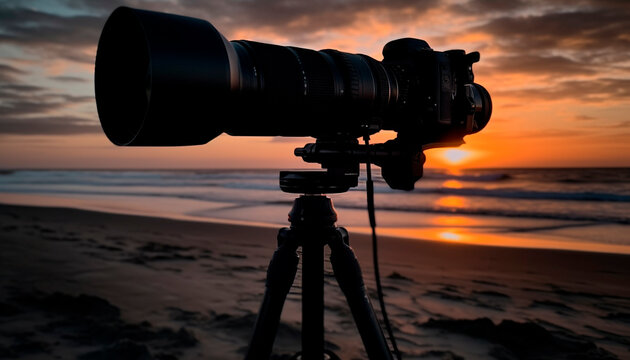 Photographer captures stunning sunset silhouette with handheld SLR camera generated by AI