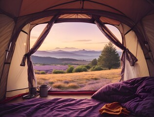 Camping in the mountains. View from the window of a tourist tent.