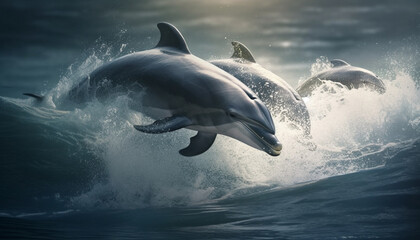 Playful dolphins jumping in the blue water, creating splashing waves generated by AI