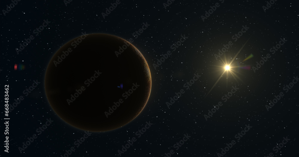 Poster abstract realistic space spinning planet round sphere with a relief stone surface in space against t