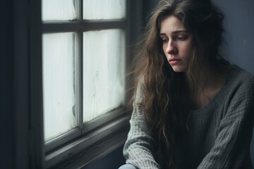 Sad and depressed woman sitting near windows. Generative AI