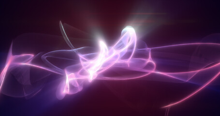 Abstract waves of purple energy magic smoke and glowing lines on a black background