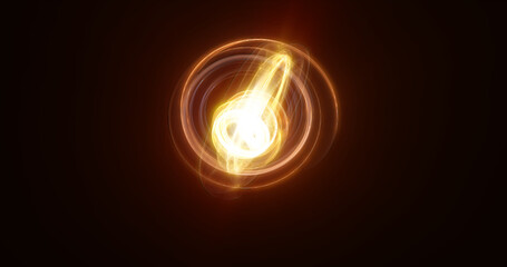 Abstract yellow rings spheres from energy magic waves of smoke circles and glowing lines on a black background