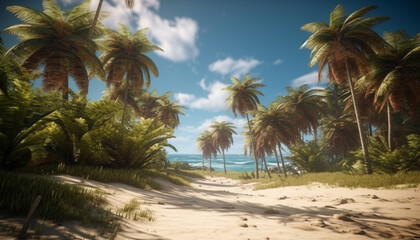 Tropical palm trees sway, waves crash, creating a tranquil paradise generated by AI