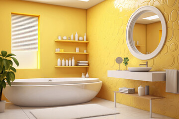 Fototapeta na wymiar Bath of Serenity: Luxury Yellow Interior with Circular Wall Art