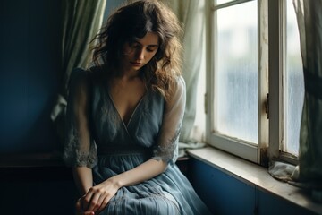 Fototapeta na wymiar Sad and depressed woman sitting near windows. Generative AI