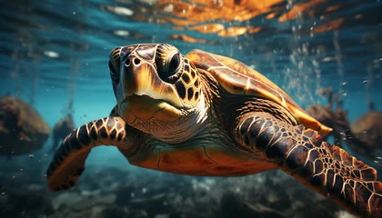 Foto op Plexiglas Underwater turtle swimming in blue sea, endangered species in motion generated by AI © Jemastock