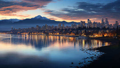 Fototapeta premium Silhouette of skyscrapers reflect in tranquil waterfront at dusk generated by AI